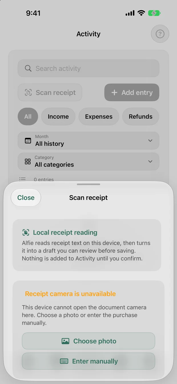 Alfie Budget Scan receipt sheet showing the camera-unavailable message, with Choose photo and Enter manually options.