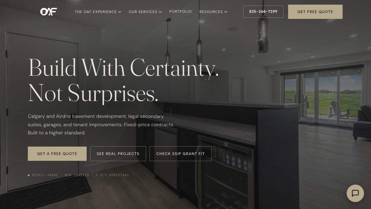 Actual OAF Construction website showing the offer and project enquiry link